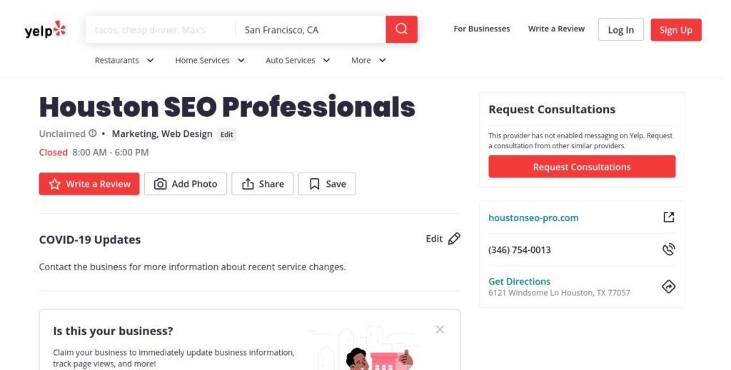 yelp search result for Huston SEO Professionals