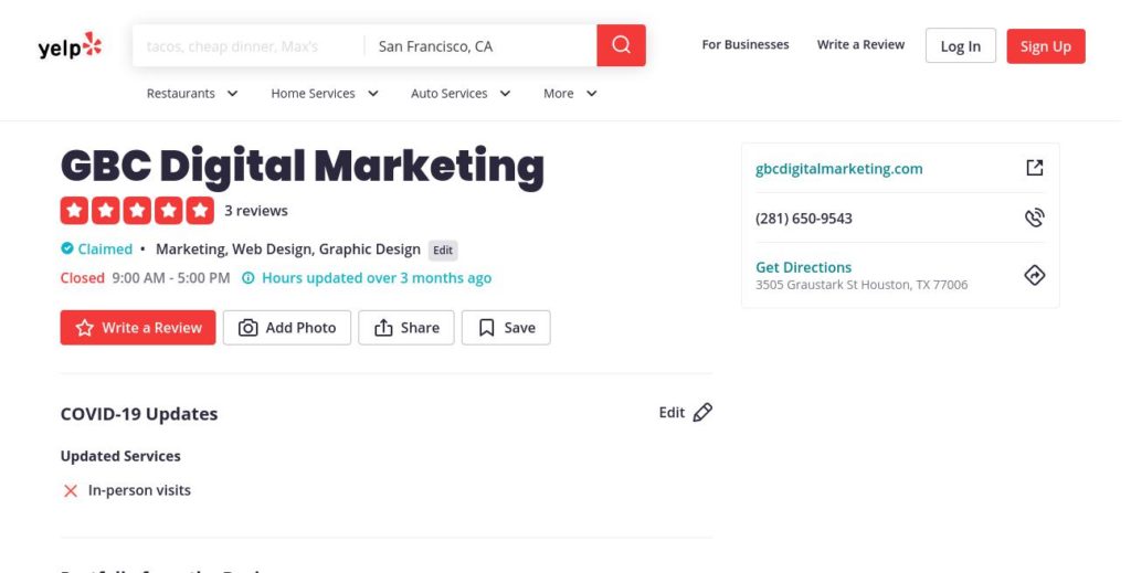 yelp search result for GBC Digital Marketing