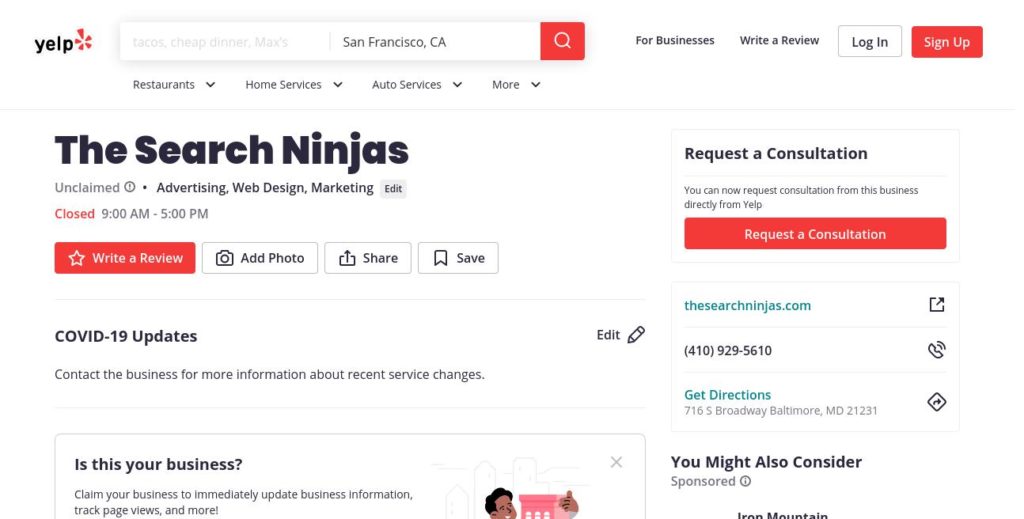 yelp search result for The Search Ninjas