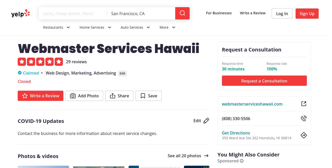 yelp Webmaster Services Hawaii yelp