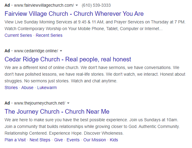 Google SERP when searching for "churches near me".